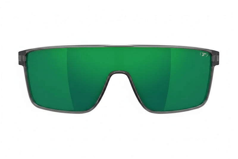 Front view of green mirrored sunglasses with a dark grey frame