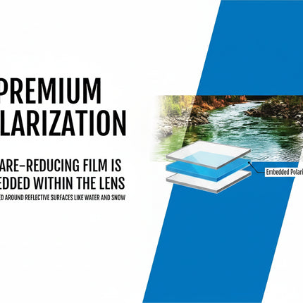 Premium polarization graphic showing a glare-reducing film embedded within the lens