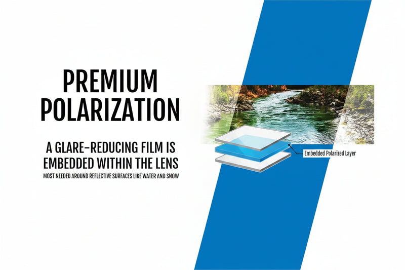 Premium polarization graphic showing a glare-reducing film embedded within the lens