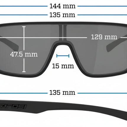 Tifosi Rail sunglasses with measurements: 144mm width, 135mm arm length, 47.5mm lens height, 15mm bridge
