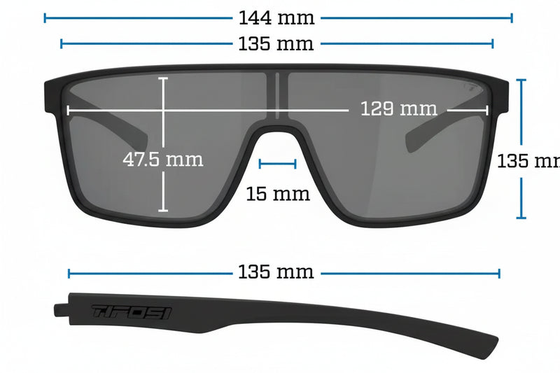Tifosi Rail sunglasses with measurements: 144mm width, 135mm arm length, 47.5mm lens height, 15mm bridge