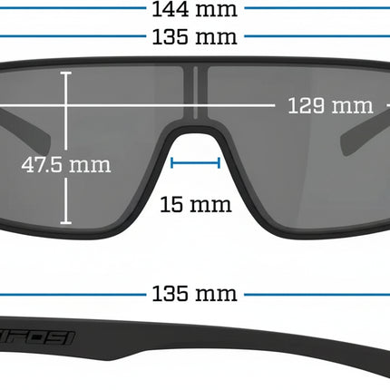 Technical drawing of sunglasses with dimensions: 144mm width, 47.5mm height, 15mm bridge, 129mm lens