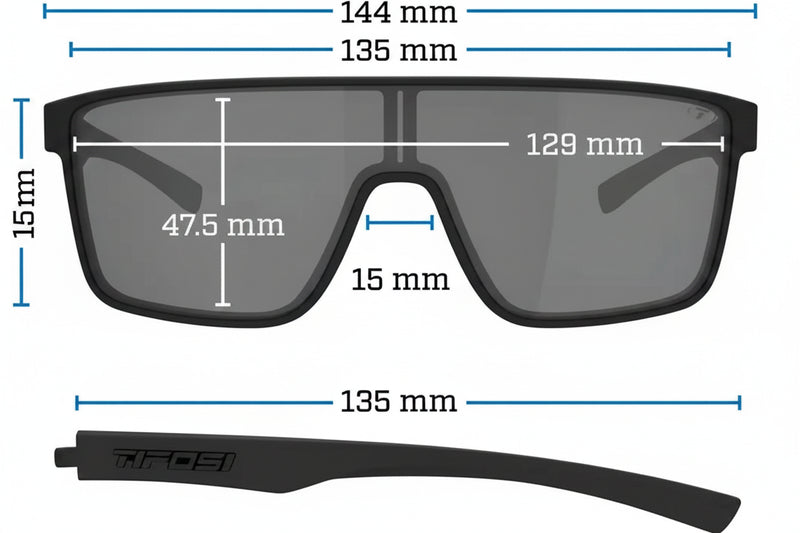 Technical drawing of sunglasses with dimensions: 144mm width, 47.5mm height, 15mm bridge, 129mm lens