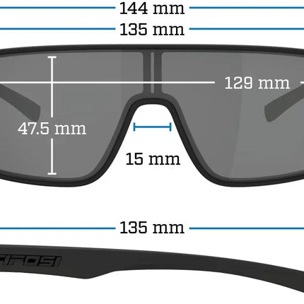 Tifosi Rail sunglasses with dimensions: 144mm width, 135mm arm length, 47.5mm lens height, 15mm bridge