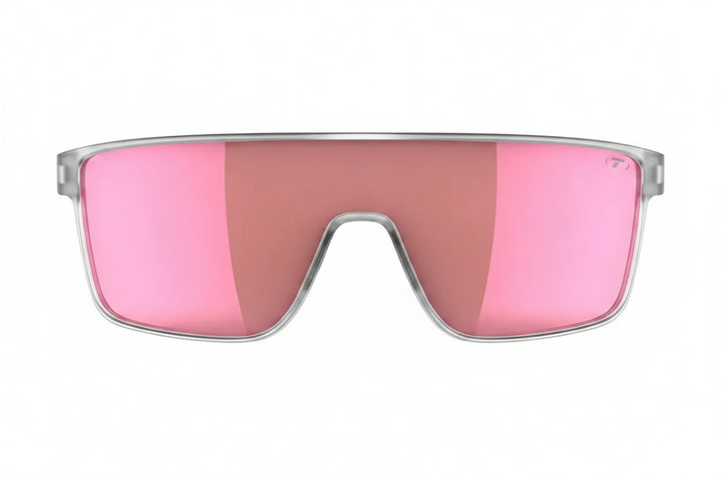 Clear frame sunglasses with pink mirrored lenses