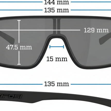 Tifosi sunglasses with measurements including frame width 144mm, lens width 129mm, lens height 47.5mm