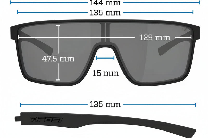 Tifosi sunglasses with measurements including frame width 144mm, lens width 129mm, lens height 47.5mm
