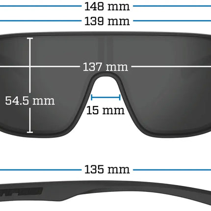 Technical drawing of sunglasses with dimensions: 148mm, 139mm, 137mm, 54.5mm, 15mm, 135mm