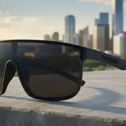 Black sunglasses with dark lenses on a concrete ledge, city skyline in background