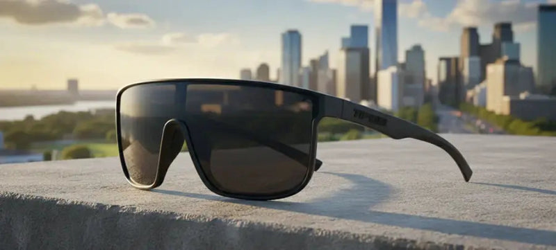 Black sunglasses with dark lenses on a concrete ledge, city skyline in background