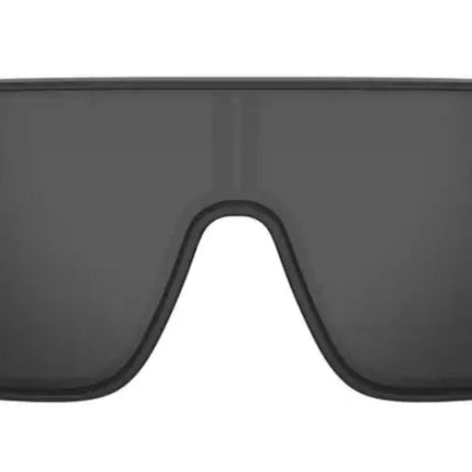 Black sunglasses with a single dark lens and a small T logo in the upper right corner