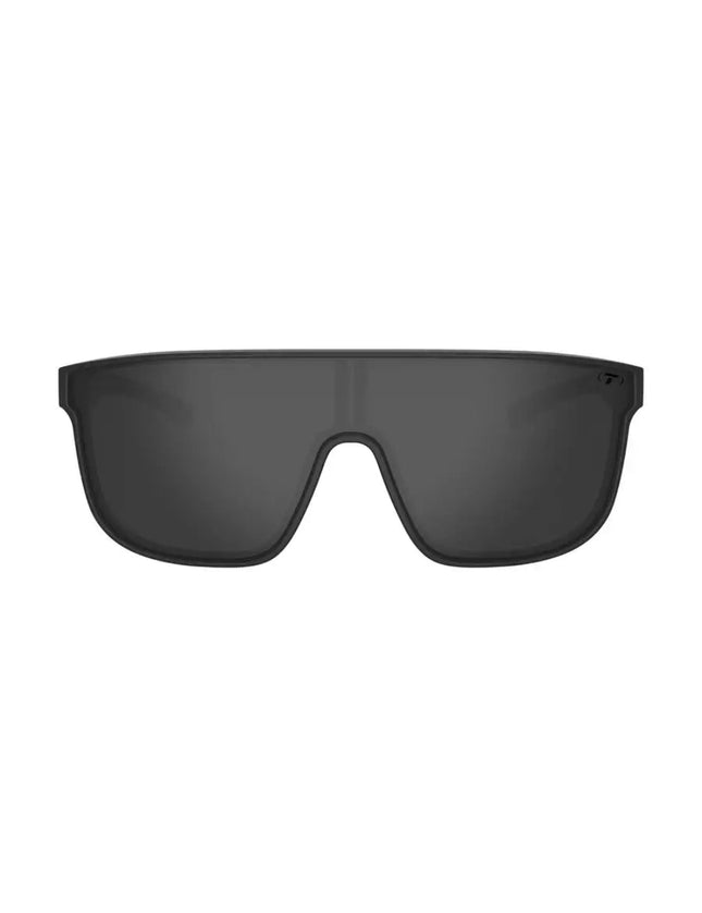 Black sunglasses with a single dark lens and a small T logo in the upper right corner