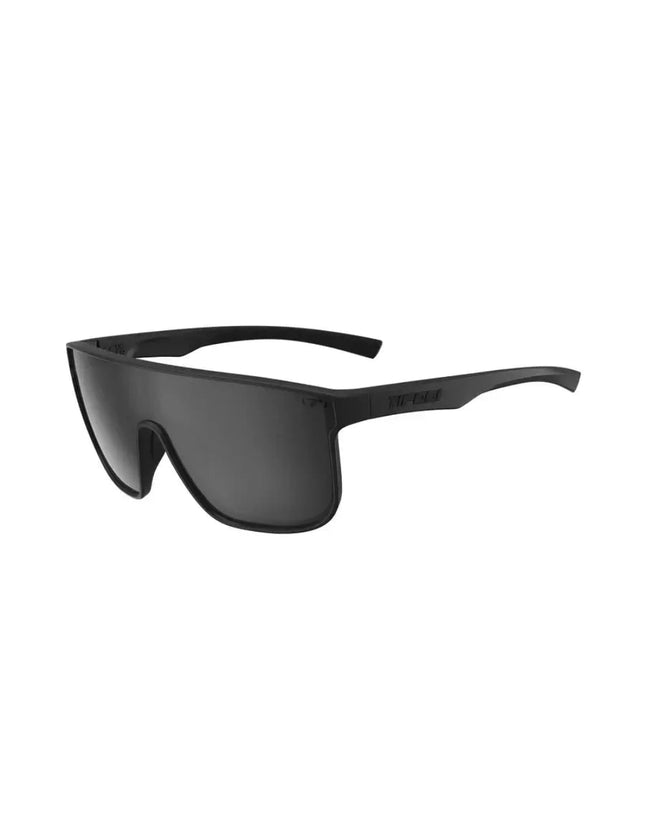 Black sunglasses with a single dark lens and black frames