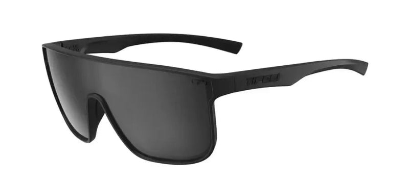 Black sunglasses with a single dark lens and black frames