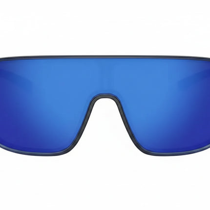 Blue mirrored sunglasses with a black frame