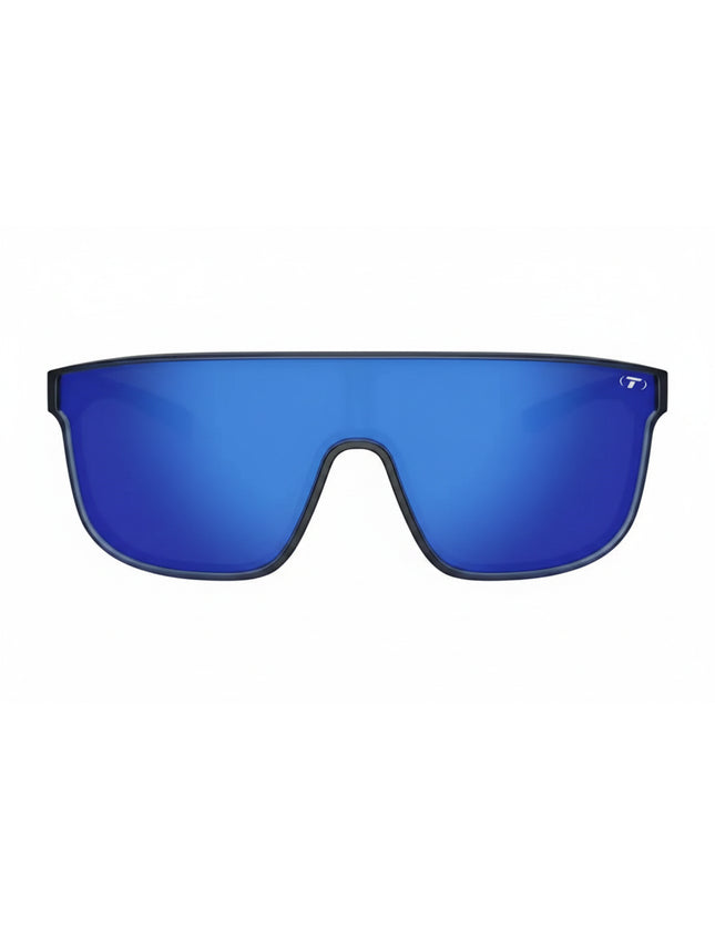 Blue mirrored sunglasses with a black frame