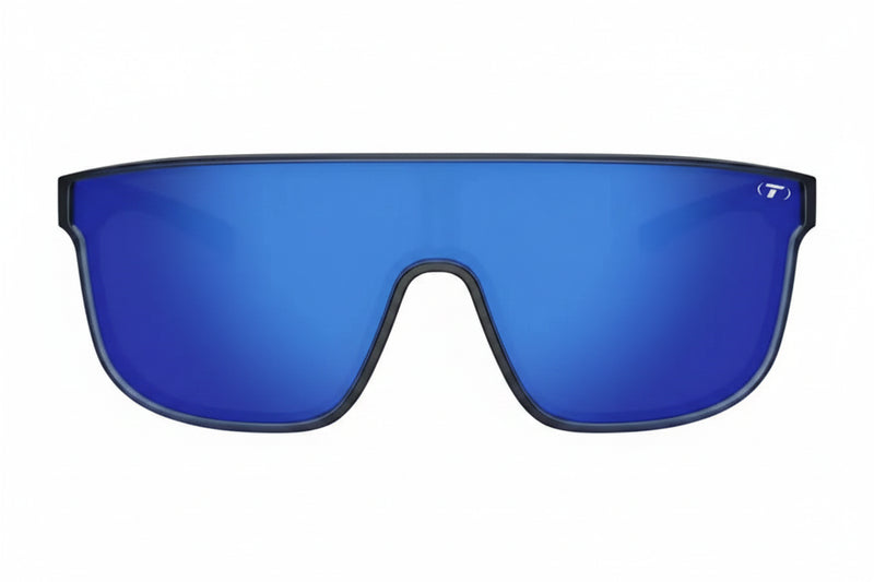 Blue mirrored sunglasses with a black frame
