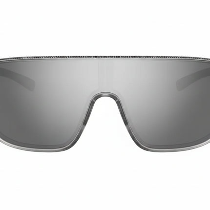 Gray sunglasses with a single lens and a small T logo on the upper right corner