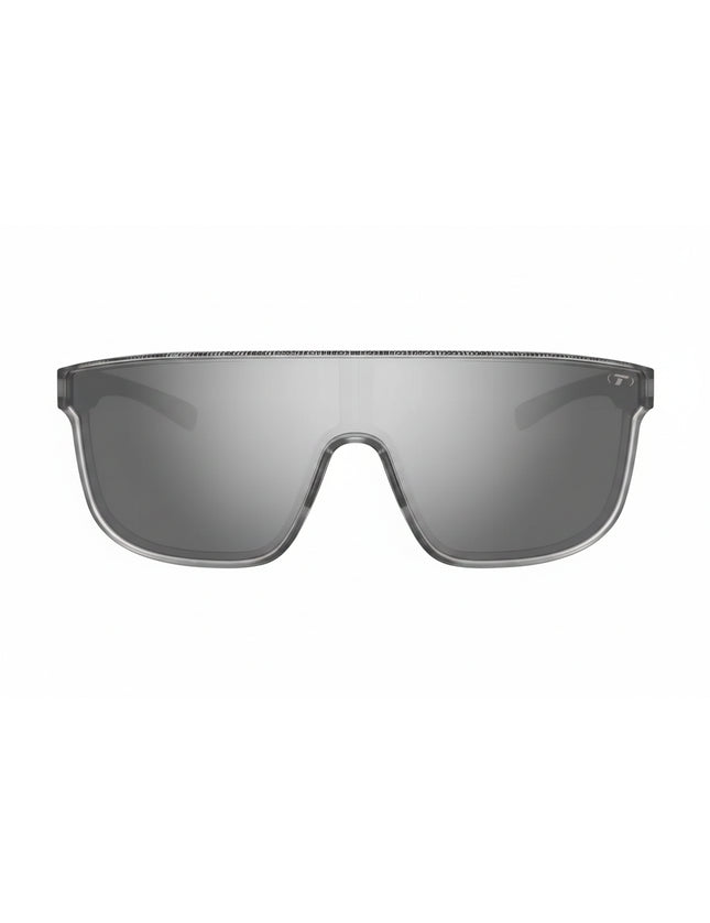 Gray sunglasses with a single lens and a small T logo on the upper right corner