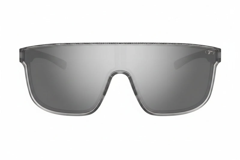 Gray sunglasses with a single lens and a small T logo on the upper right corner