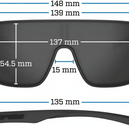 Black sunglasses with dimensions: 148mm, 139mm, 137mm, 54.5mm, 15mm, 135mm