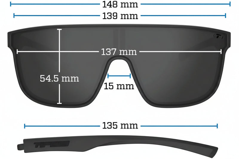 Black sunglasses with dimensions: 148mm, 139mm, 137mm, 54.5mm, 15mm, 135mm