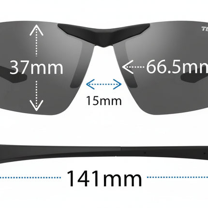 Tifosi sunglasses with dimensions: lens height 37mm, lens width 66.5mm, bridge 15mm, arm length 141mm