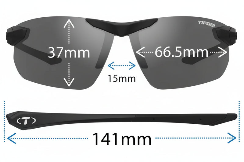 Tifosi sunglasses with dimensions: lens height 37mm, lens width 66.5mm, bridge 15mm, arm length 141mm