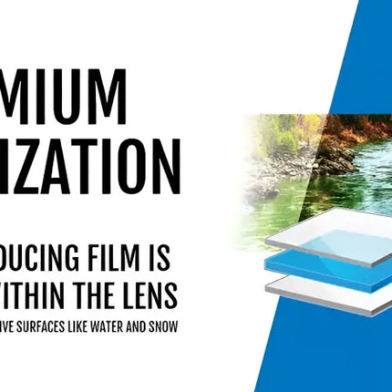 Diagram of a polarized lens with a river in the background