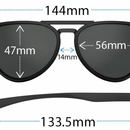 Black sunglasses with dimensions: 144mm total width, 47mm lens height, 56mm lens width, 14mm bridge, 133.5mm temple