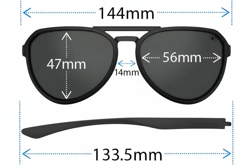 Black sunglasses with dimensions: 144mm total width, 47mm lens height, 56mm lens width, 14mm bridge, 133.5mm temple
