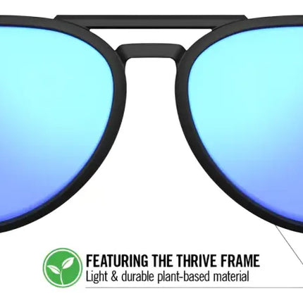 Black sunglasses with blue mirrored lenses and a plant-based frame