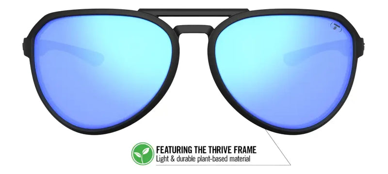 Black sunglasses with blue mirrored lenses and a plant-based frame