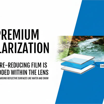 Premium Polarization graphic with lens layers and a river scene