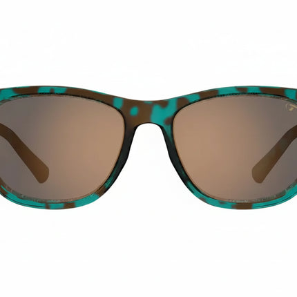 Teal and brown patterned sunglasses with bronze lenses