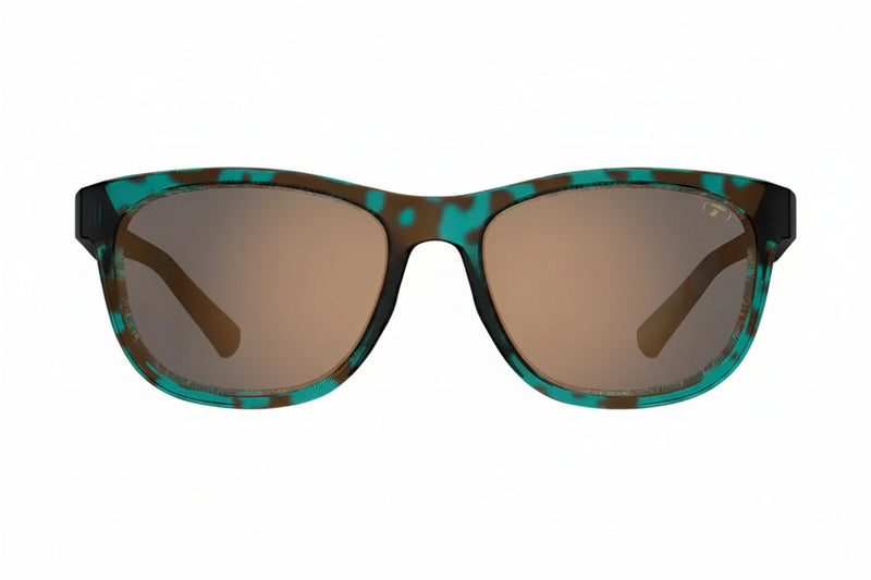 Teal and brown patterned sunglasses with bronze lenses