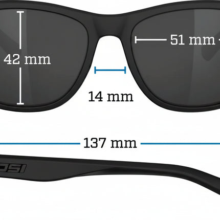 Black sunglasses with measurements: lens height 42mm, lens width 51mm, bridge 14mm, frame width 137mm