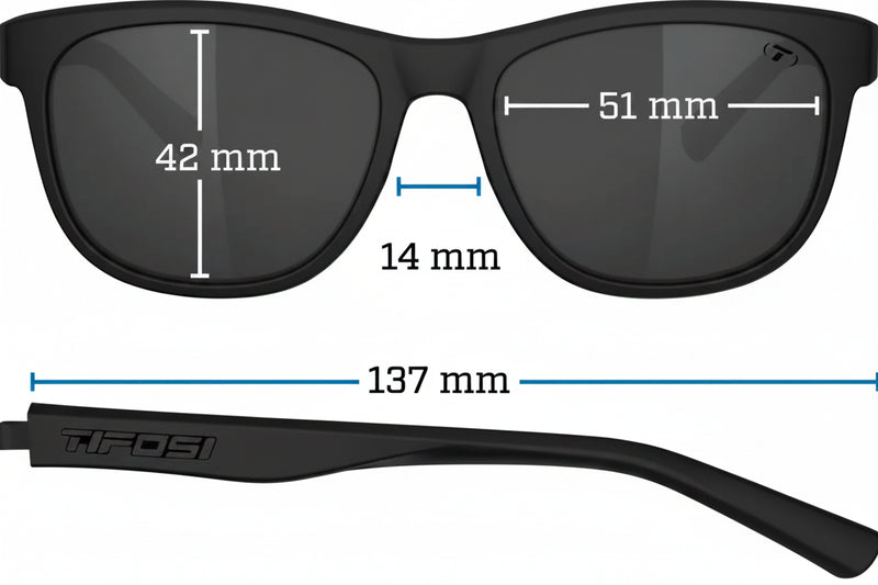 Black sunglasses with measurements: lens height 42mm, lens width 51mm, bridge 14mm, frame width 137mm