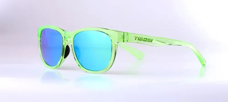 Tiedosi sunglasses with translucent green frames and blue mirrored lenses