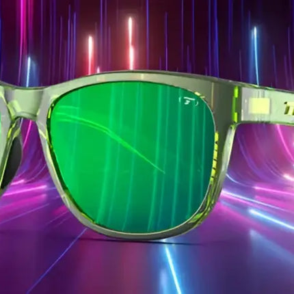 Green sunglasses with a transparent frame and green lenses, with a neon light background