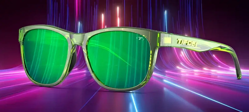 Green sunglasses with a transparent frame and green lenses, with a neon light background