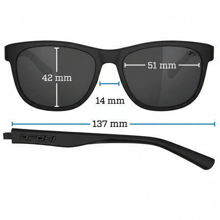 Black sunglasses with measurements: lens height 42mm, lens width 51mm, bridge 14mm, arm length 137mm