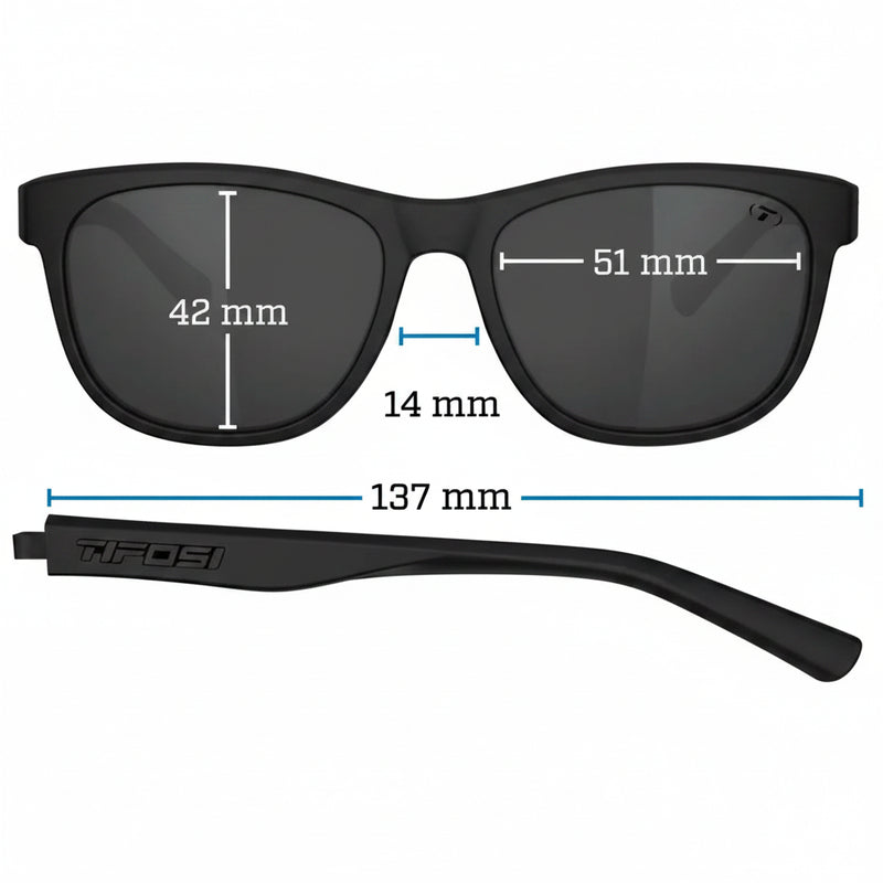 Black sunglasses with measurements: lens height 42mm, lens width 51mm, bridge 14mm, arm length 137mm