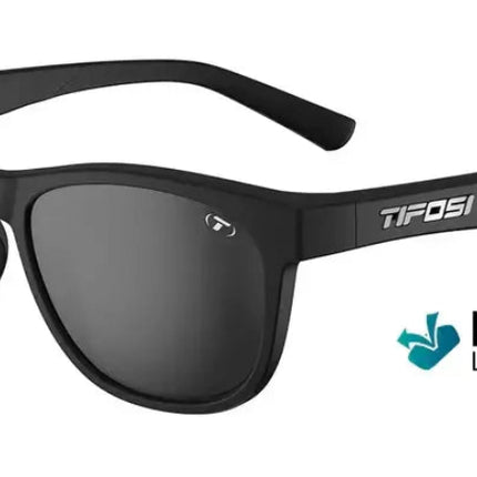 Black sunglasses with dark lenses and Tifosi logo on the side