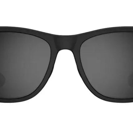 Black sunglasses with dark lenses and a small white logo on the top right lens