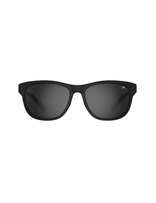 Black sunglasses with dark lenses and a small white logo on the top right lens