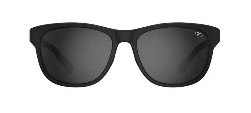 Black sunglasses with dark lenses and a small white logo on the top right lens
