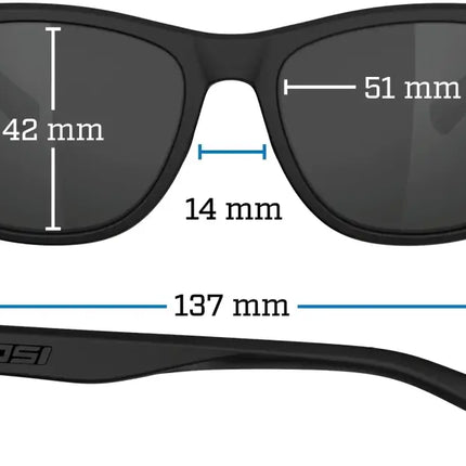 Tifosi Swank sunglasses with measurements: lens height 42mm, lens width 51mm, bridge 14mm, arm length 137mm