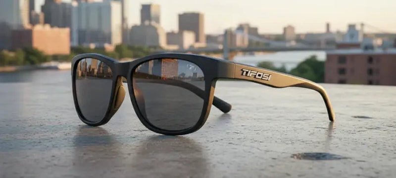 Black Tifosi sunglasses with city skyline reflected in lenses