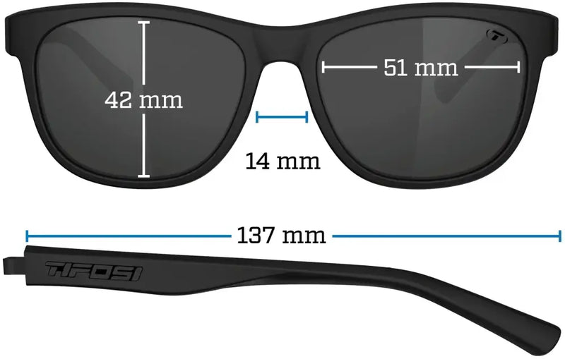 Tifosi sunglasses with dimensions: lens height 42mm, lens width 51mm, bridge 14mm, arm length 137mm